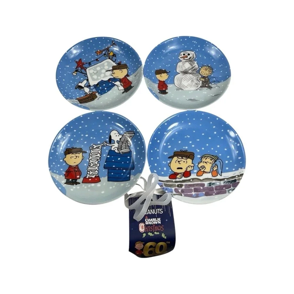 Peanuts Charlie Brown & Gang Blue Christmas Set Of 4 Appetizer Plates 6
